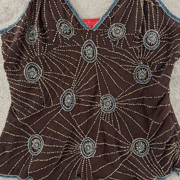 Aftershock Beaded Camisole Top Womens‎ XL Brown Sunburst Spaghetti Strap V Neck - Picture 4 of 10